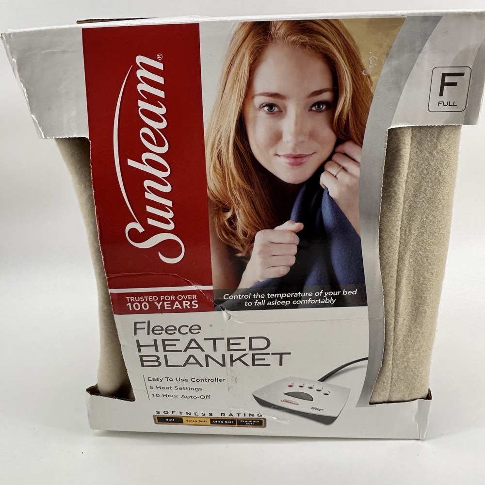 Sunbeam Heated Blanket Tan Beige Full Size Fleece 5‎ Heated Settings